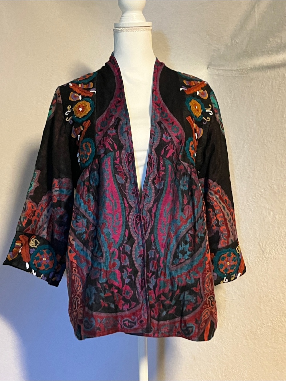 Embroidered Open-Front Black Blazer with Multicolor Floral Accents